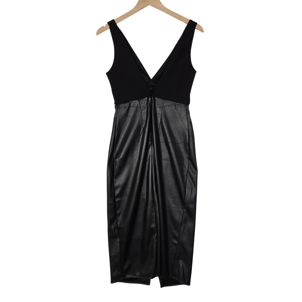 ASOS Women Size 4 Black Solid Midi Dress Faux Leather Wrap Skirt Edgy Chic Night - Picture 3 of 13